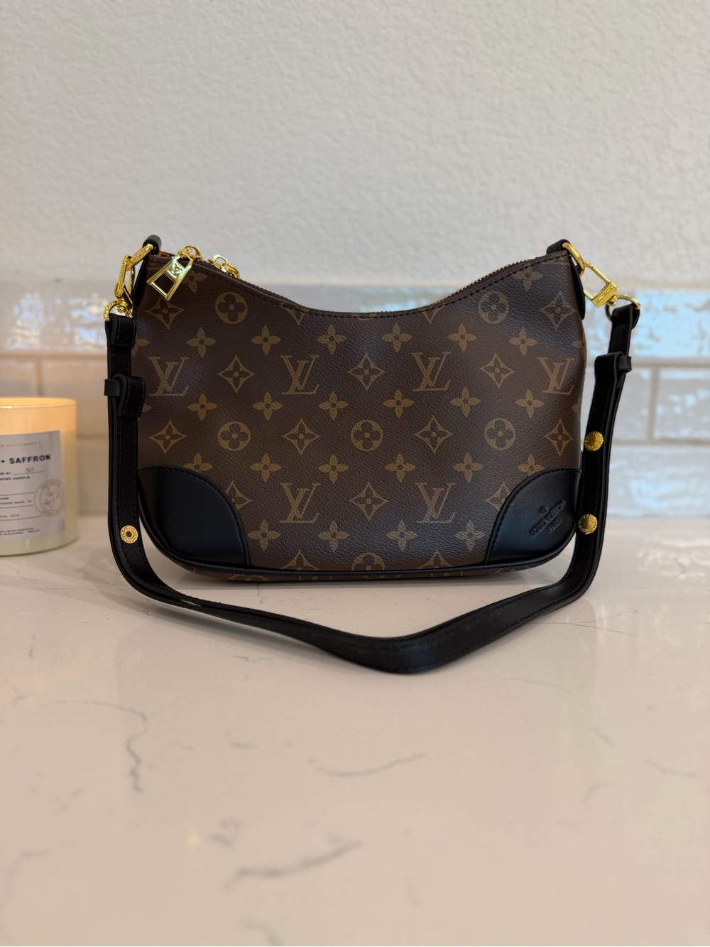 Source Unknown Brown Monogram Shoulder Bag with Black Trim and Gold Hardware